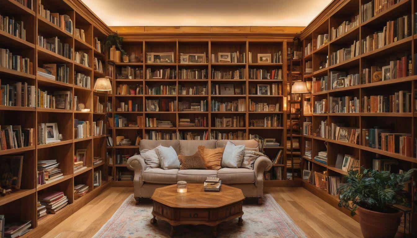 Wooden bookshelves in home library