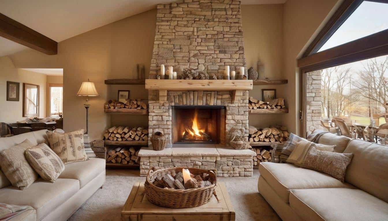 Beige fireplace with decorations