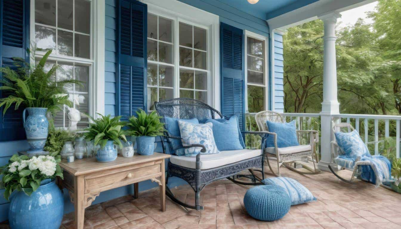 Blue-themed front porch decor