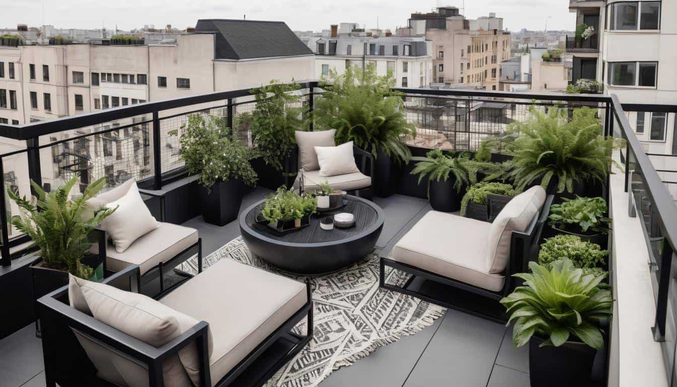 Chic black rooftop balcony