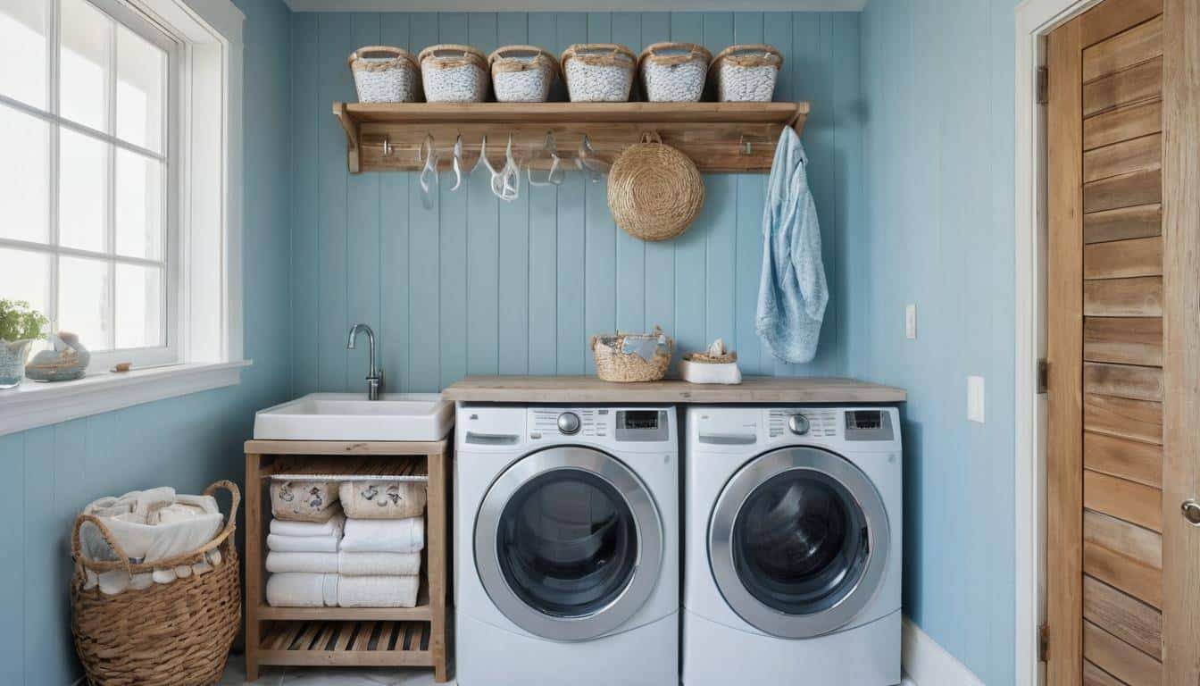 Coastal-themed laundry room with hanging rack