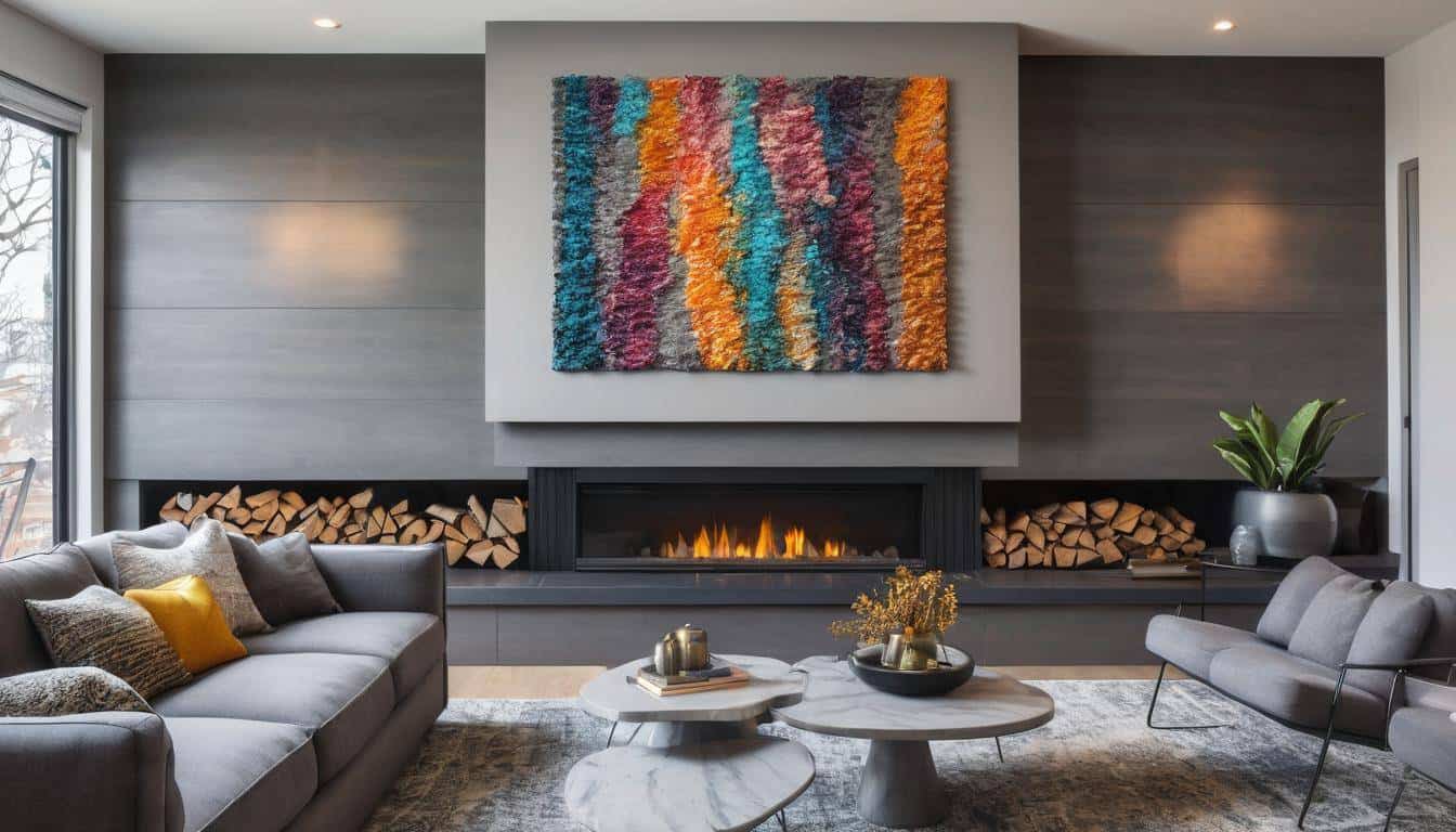 Colorful textured fireplace decor