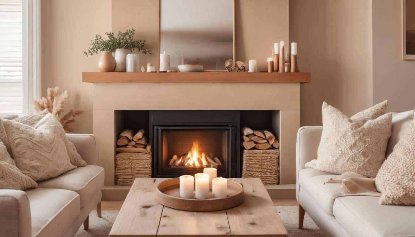 Cozy beige fireplace decor