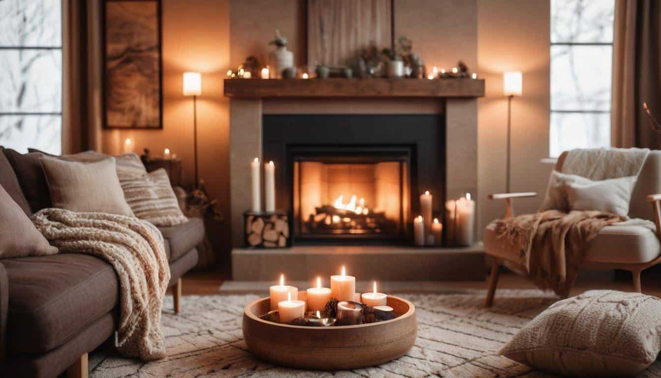 Cozy brown fireplace setting