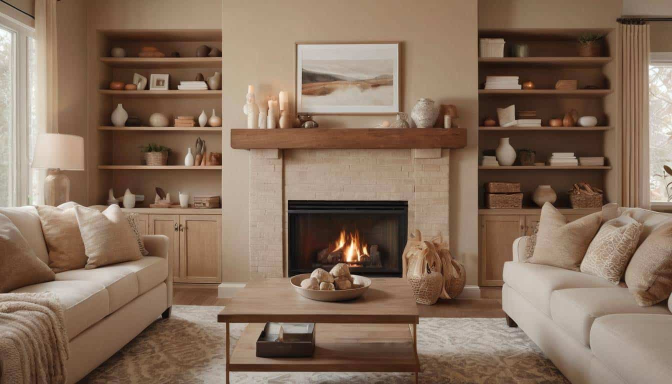 Cozy family room with beige fireplace