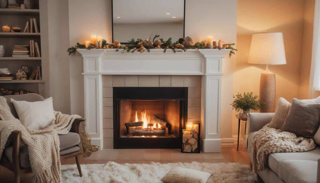 Cozy illuminated white fireplace