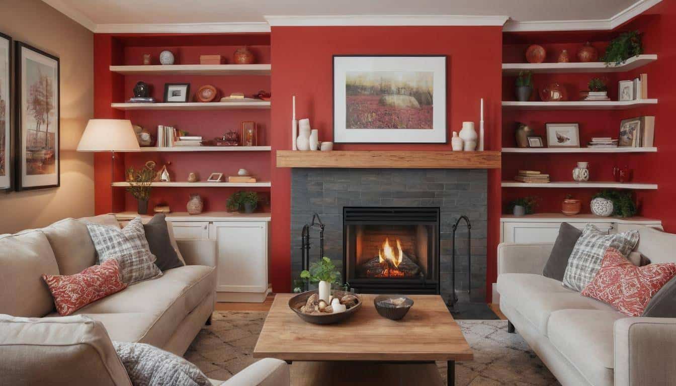 Cozy living room with red backdrop and fireplace