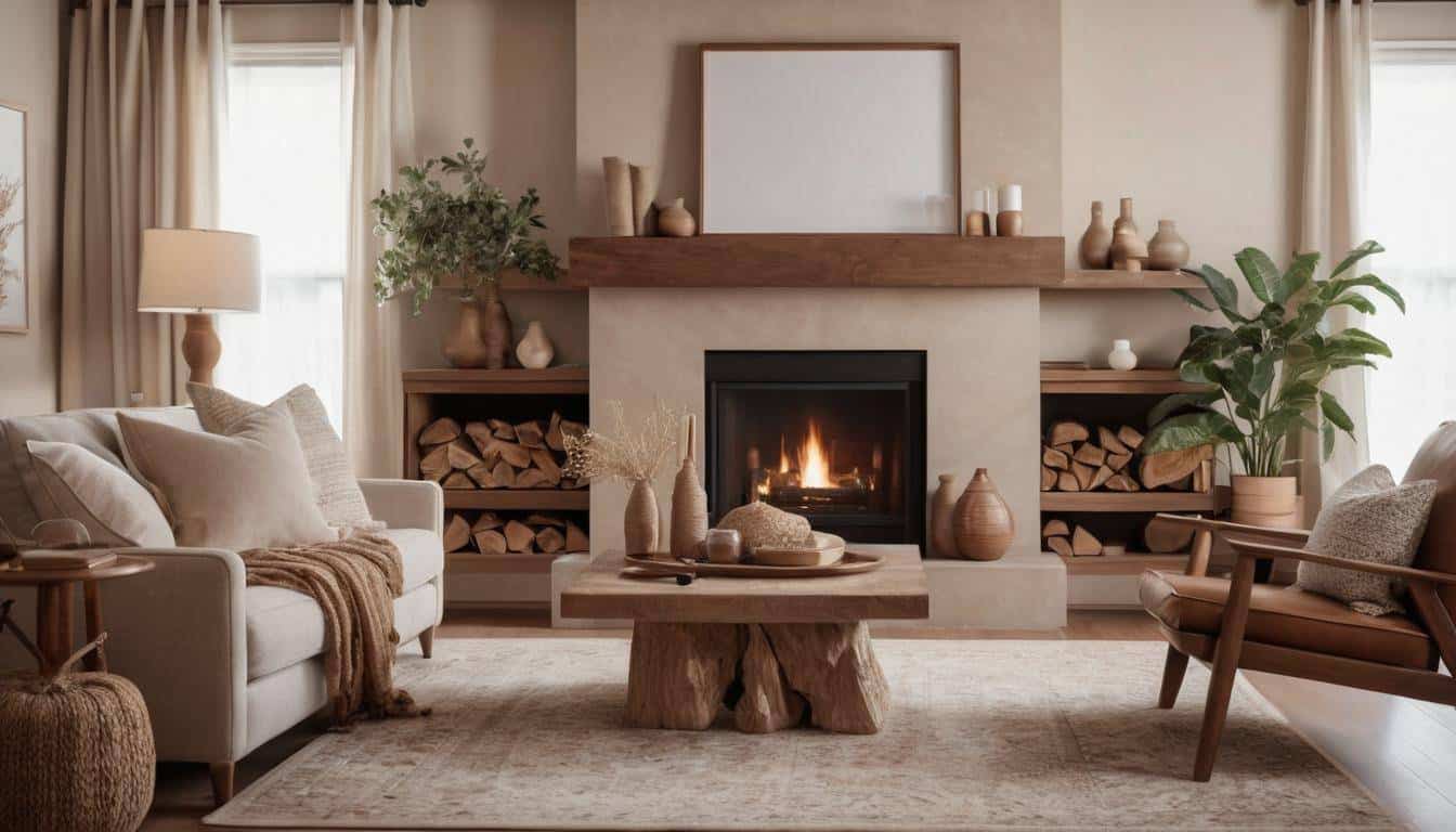 Cozy neutral room with fireplace