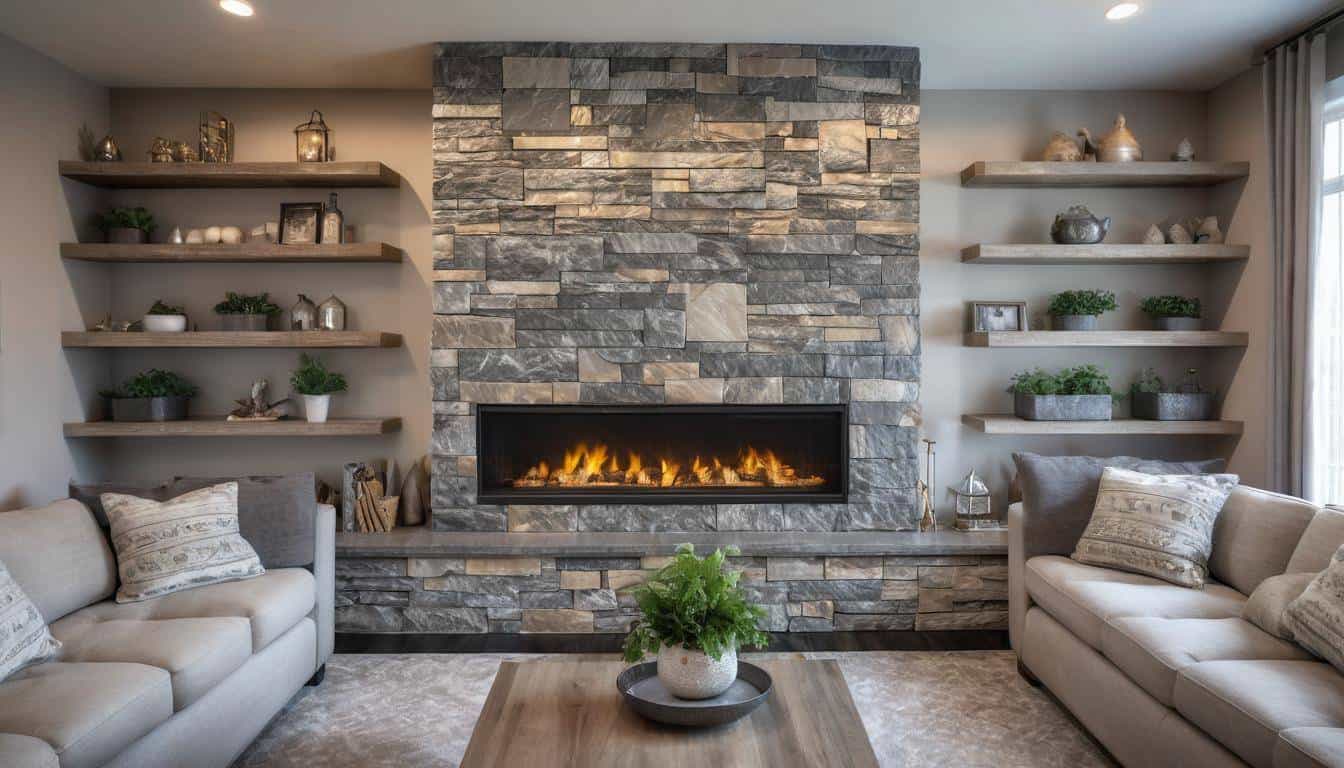 Cozy stone panel fireplace