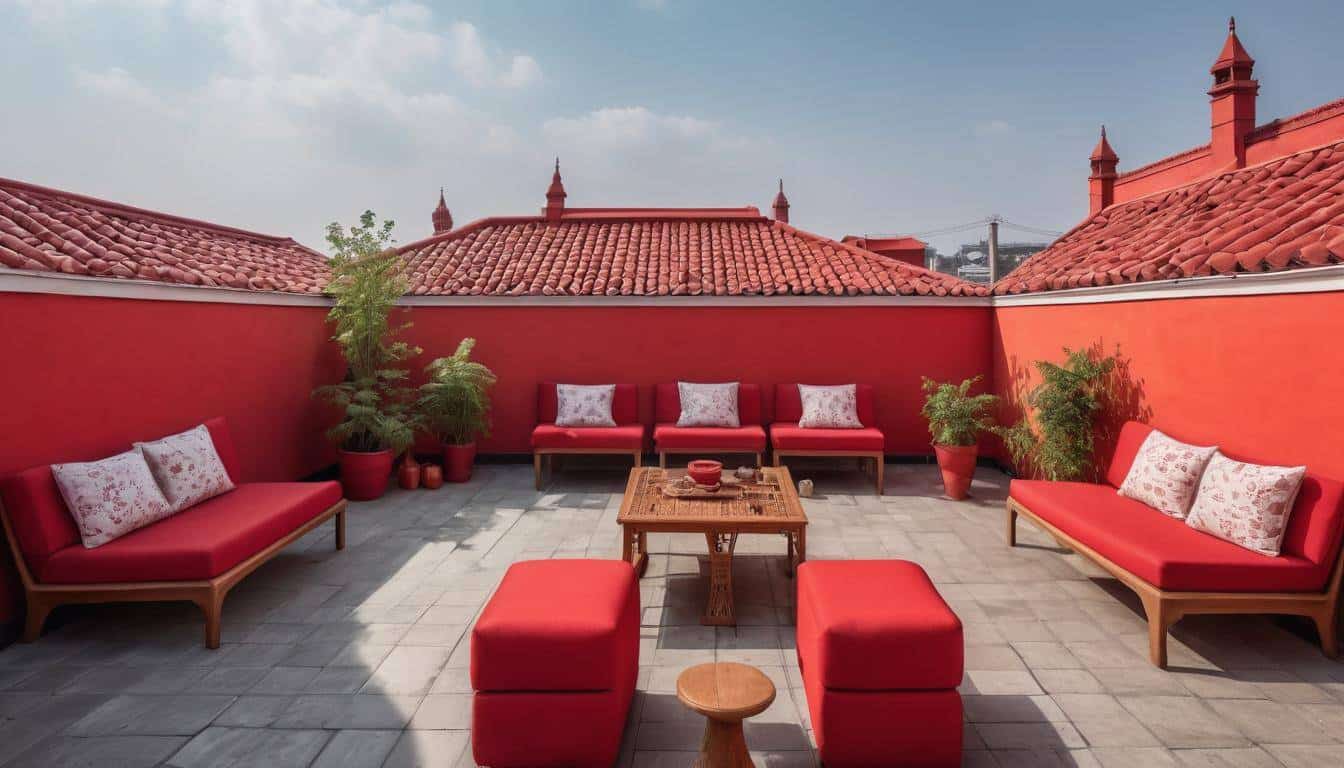 Cultural rooftop space with red decor