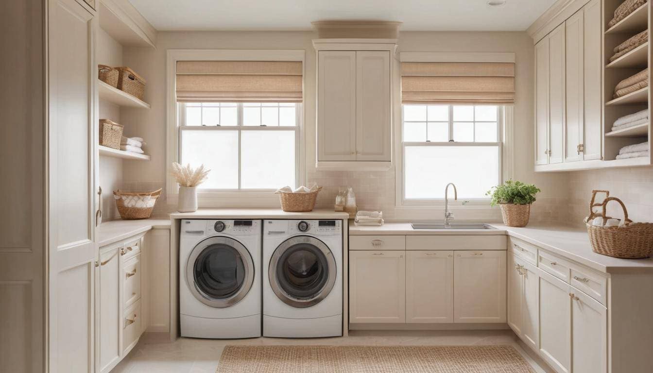 Elegant beige laundry room window treatments