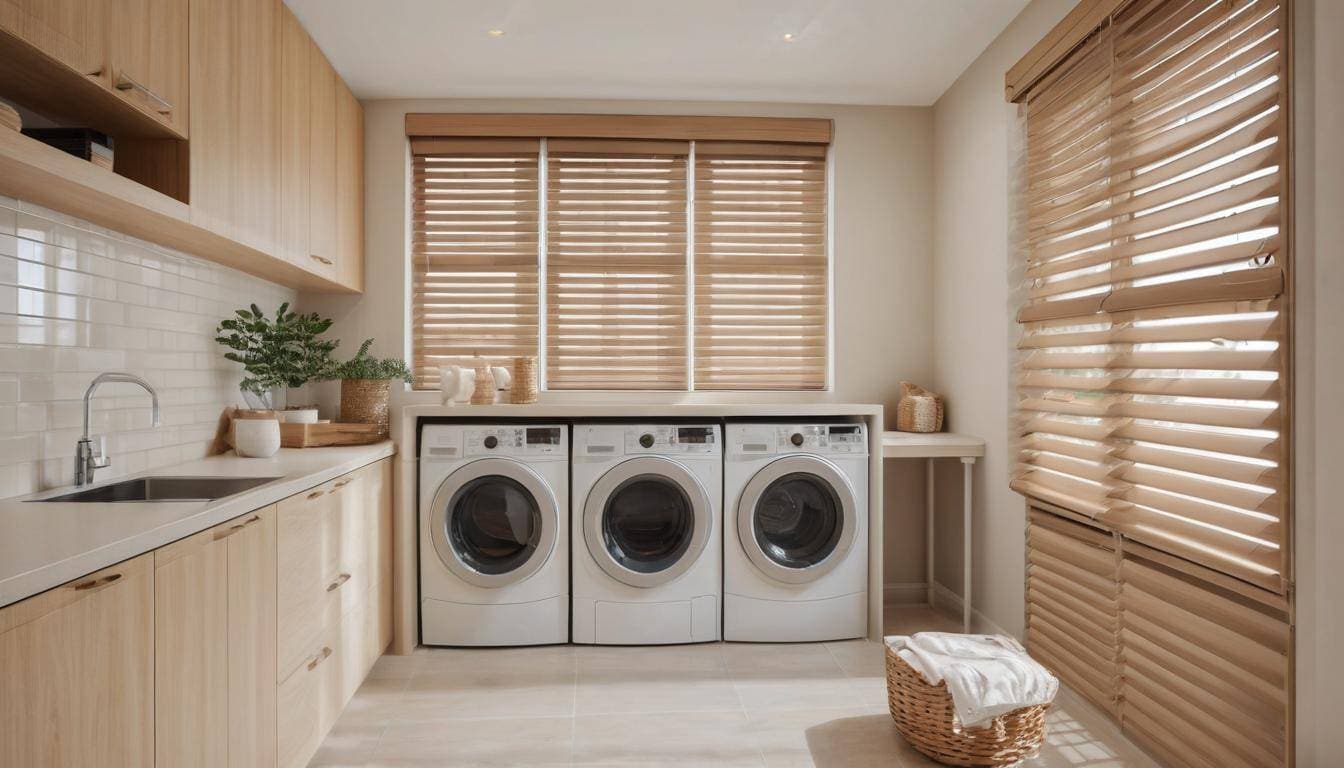 Elegant wooden blinds in laundry room