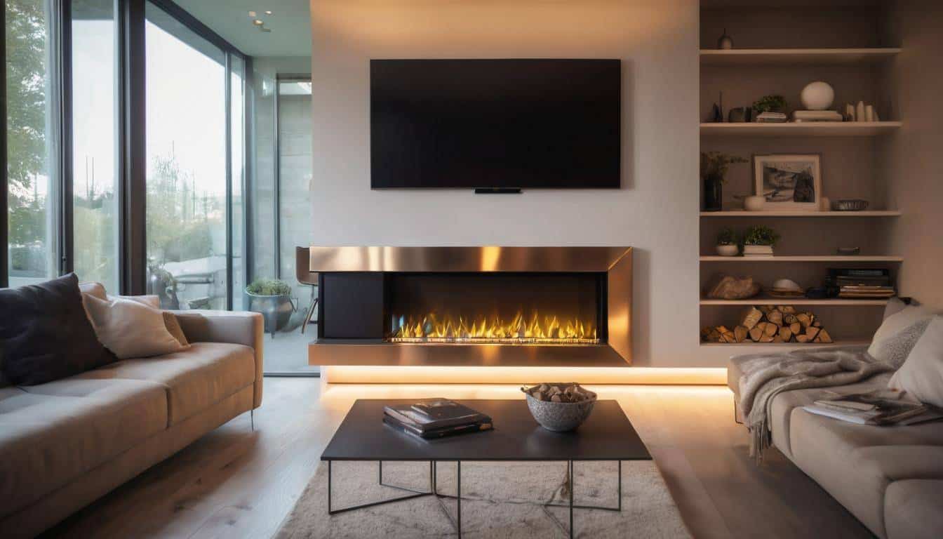 Futuristic cozy metallic fireplace