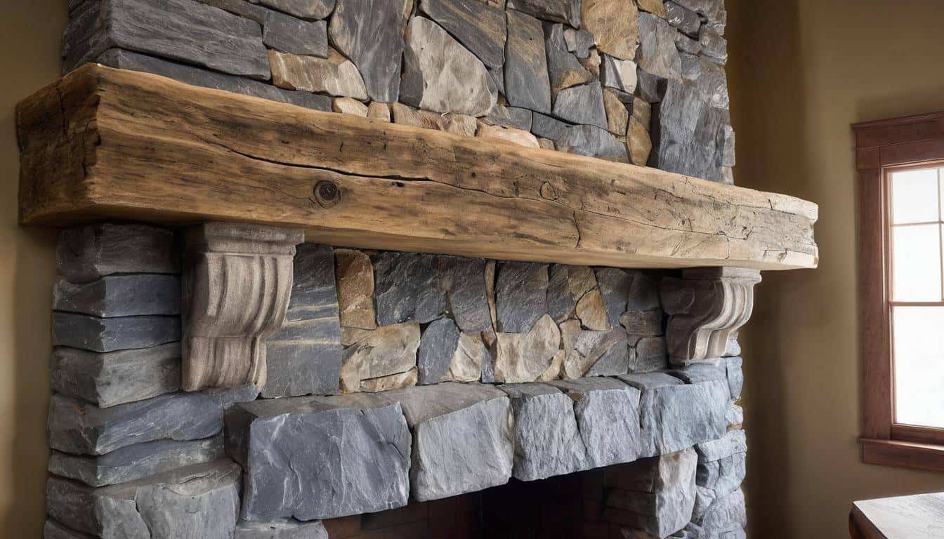 Gray stone fireplace with wood mantel