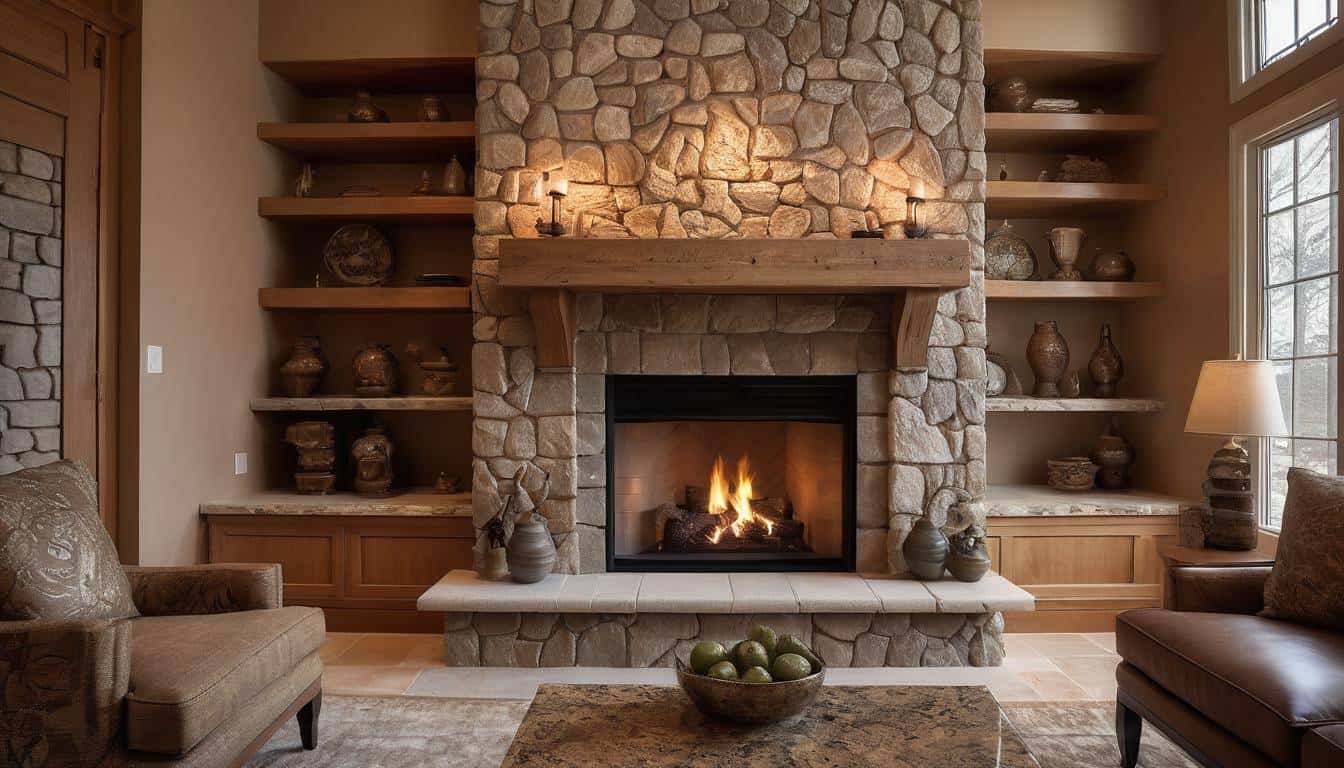 Intricate stone fireplace