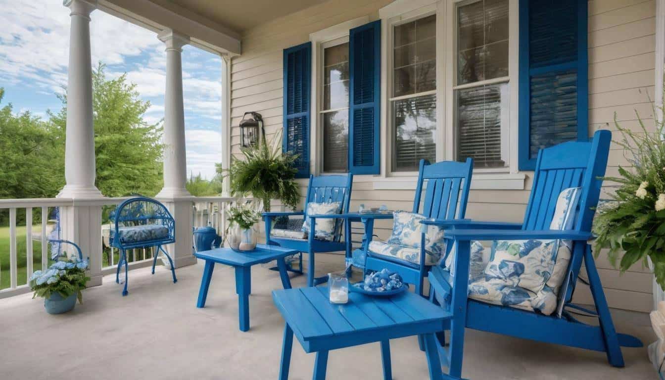 Inviting front porch with blue furniture