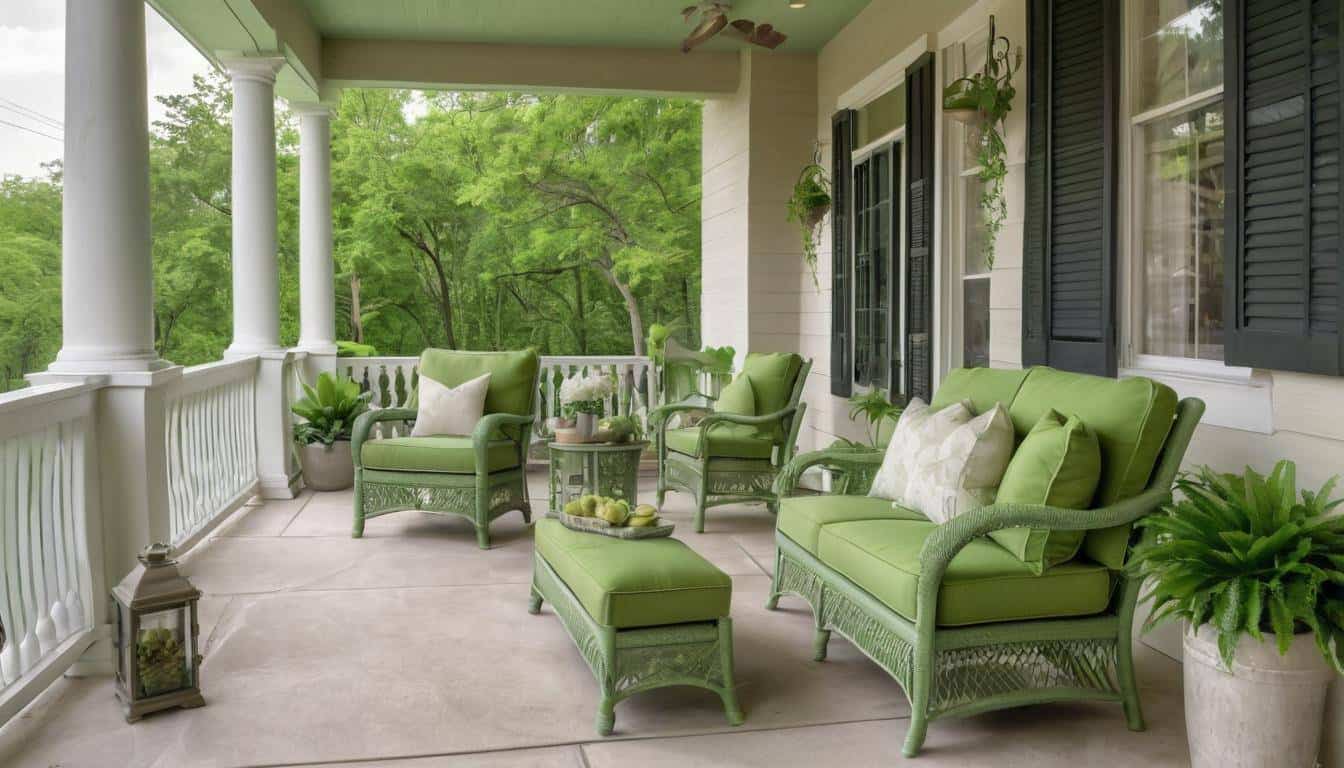 Inviting front porch with green furniture