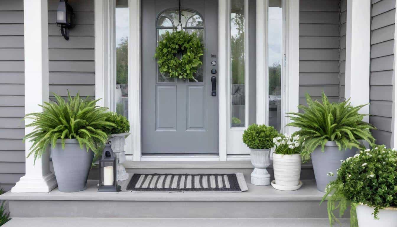 Inviting grey front porch decor