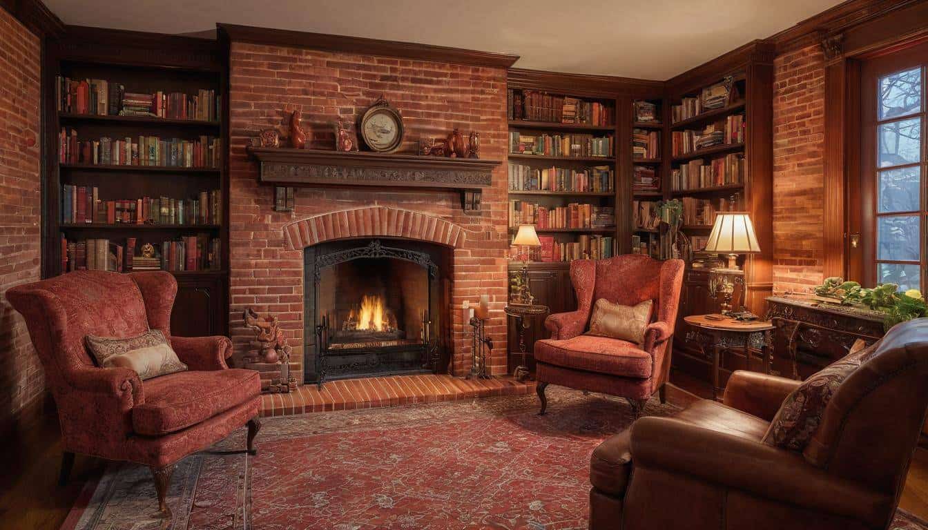 Inviting red brick fireplace