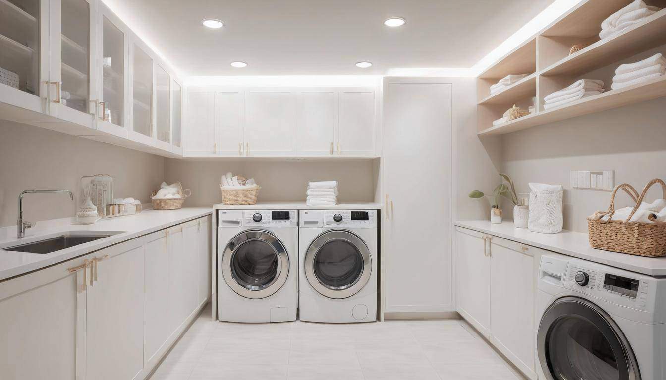 LED-lit white laundry room