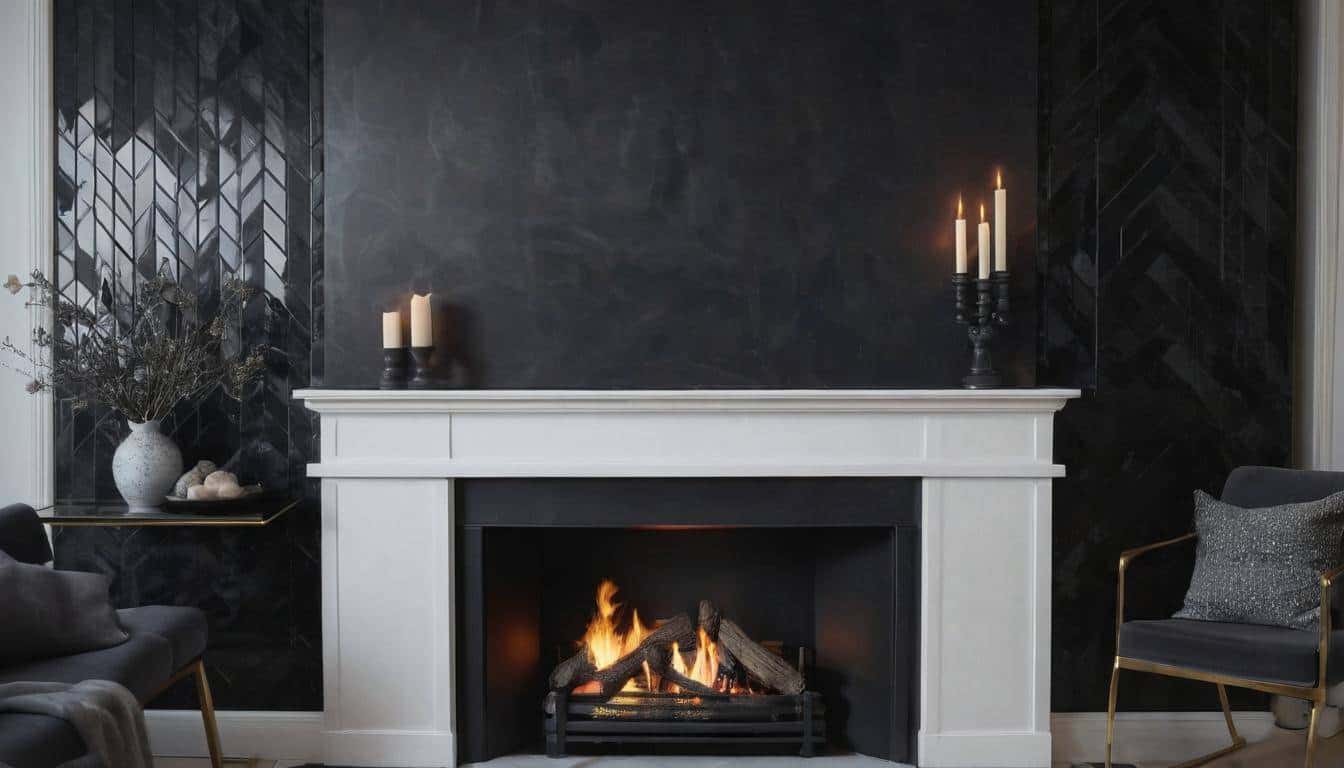 Modern black-tiled fireplace