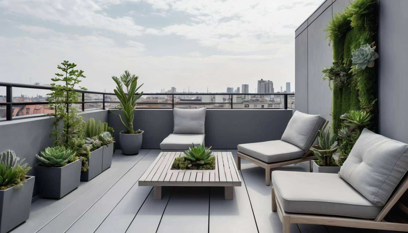 Modern grey rooftop balcony