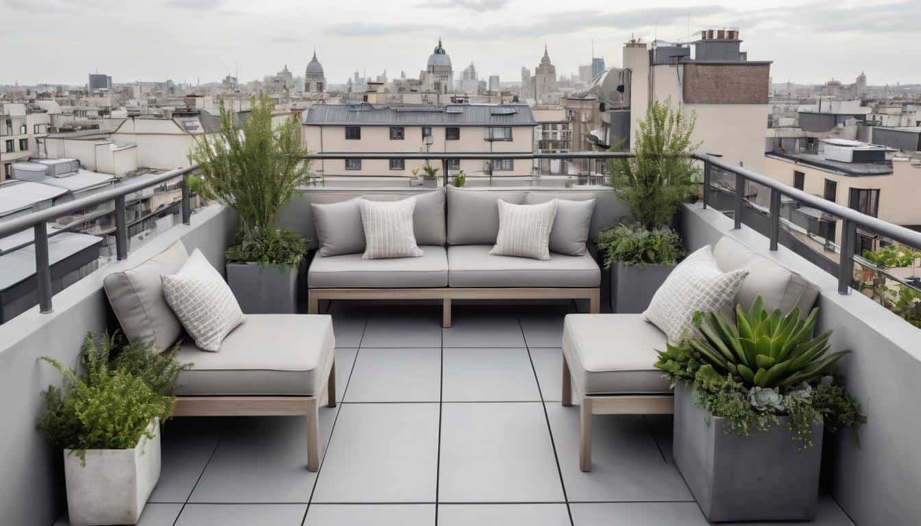 Modern grey rooftop balcony