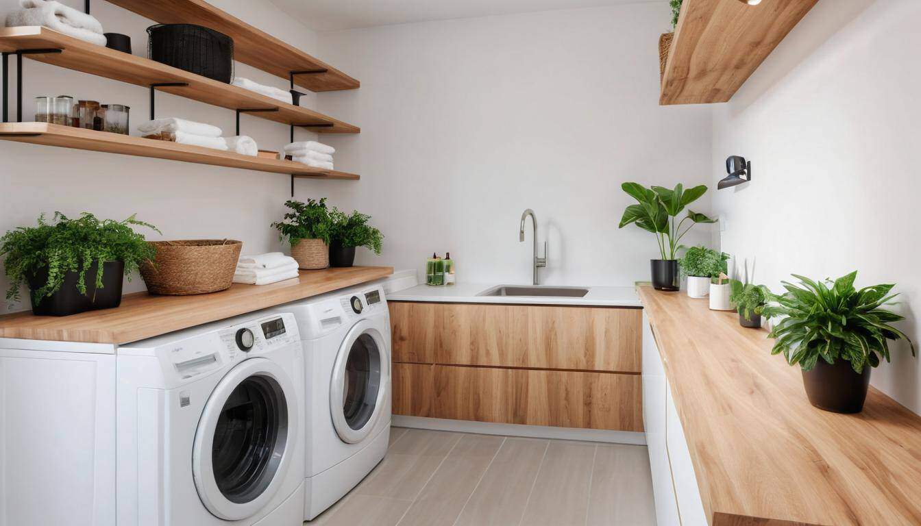 Modern laundry with wood accents