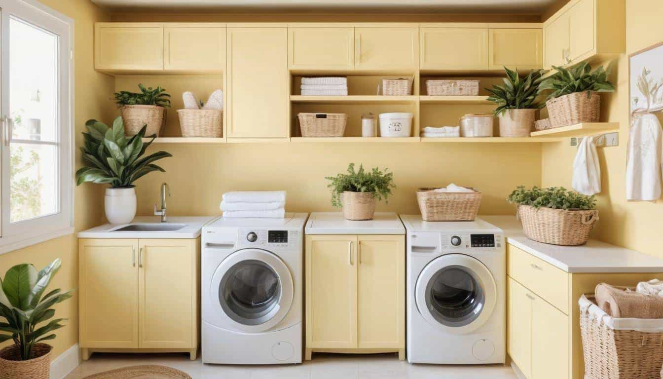 Modern pale yellow laundry room