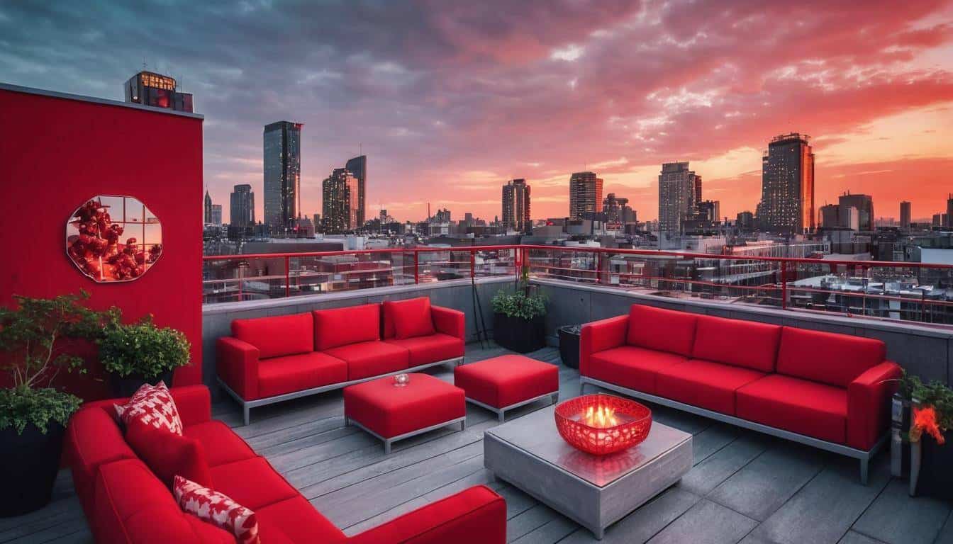 Modern rooftop lounge with red decor