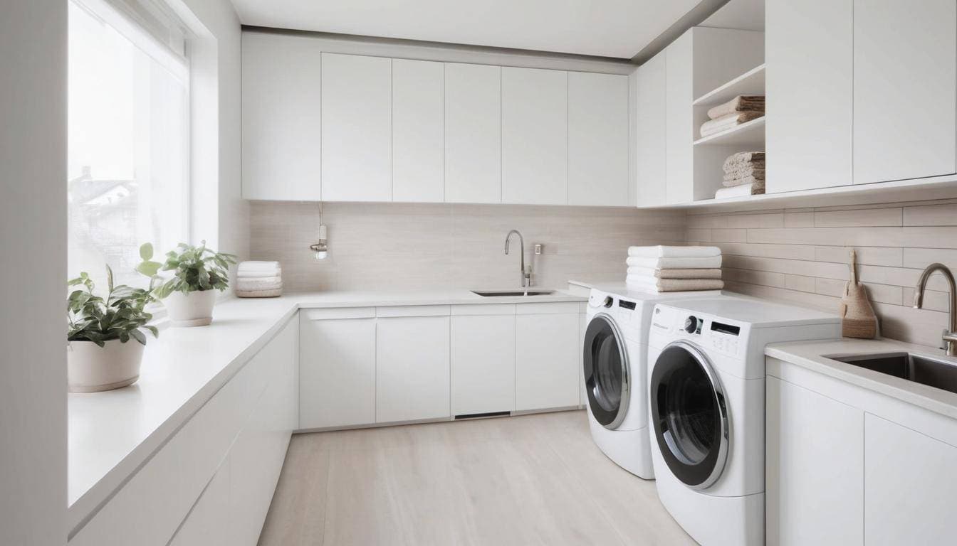 Modern white laundry room with temperature control