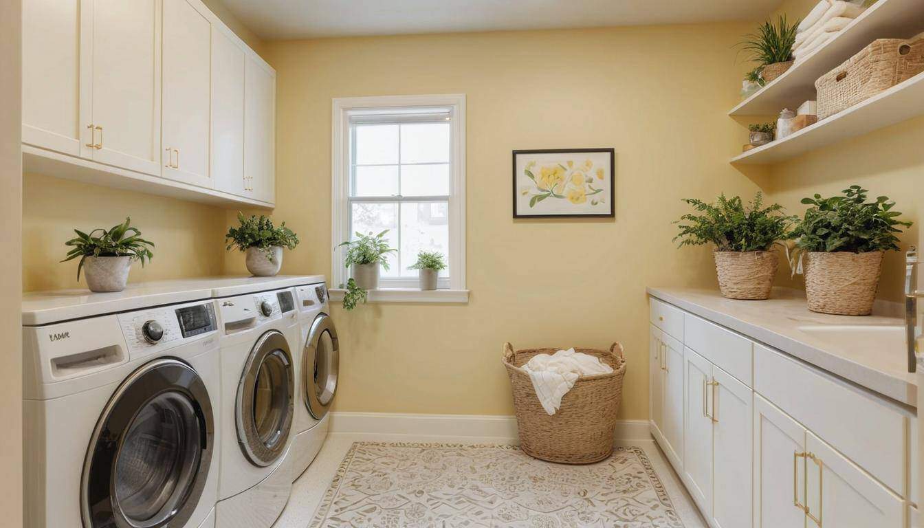 Pale yellow laundry room design