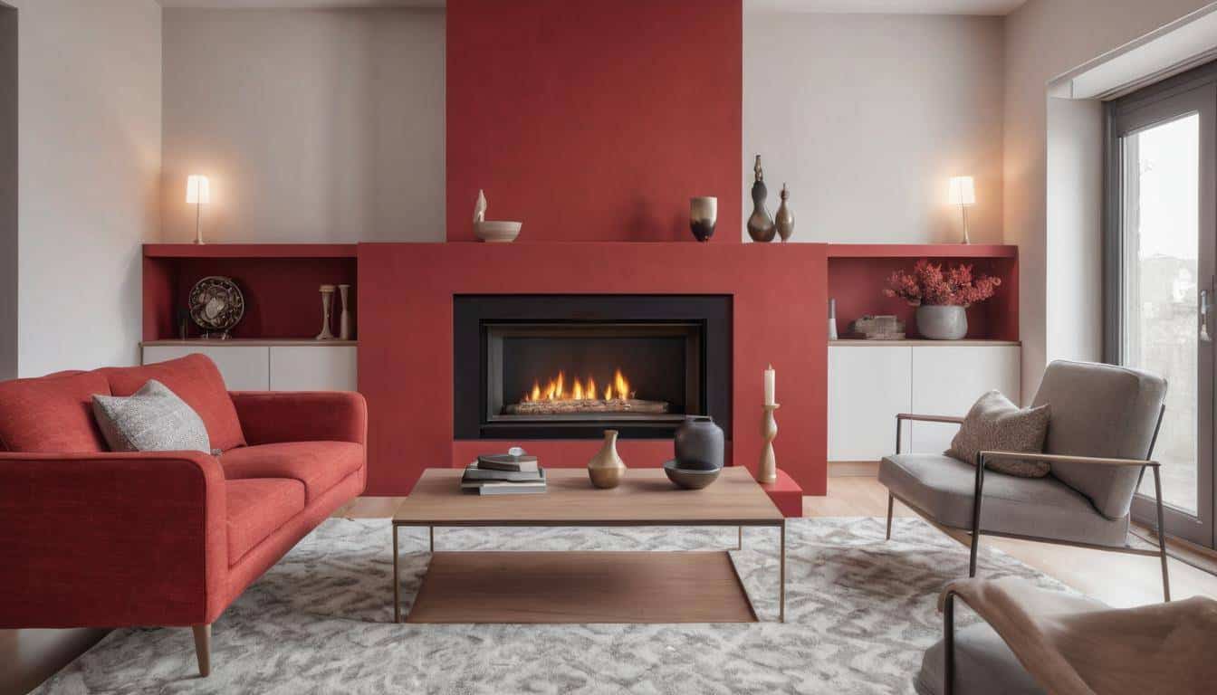 Red statement fireplace in room