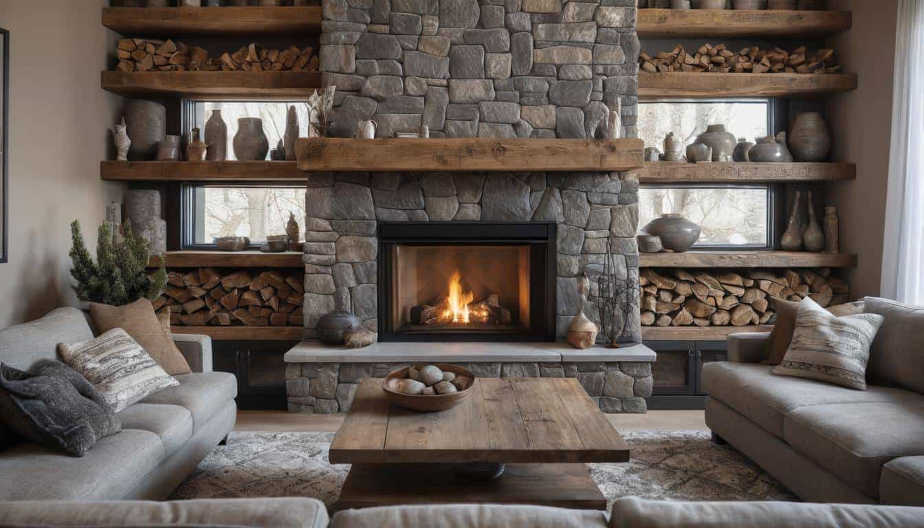 Rustic stone fireplace