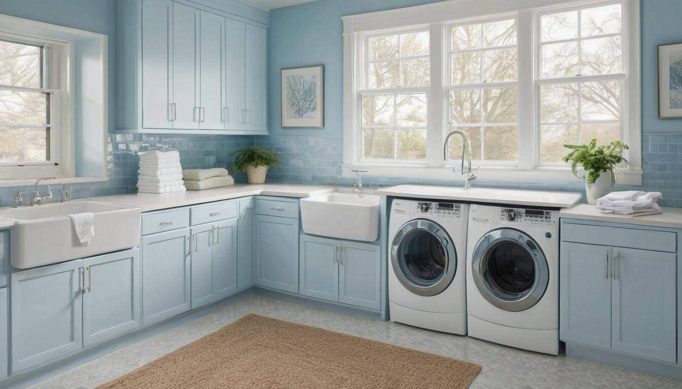 Serene blue laundry room