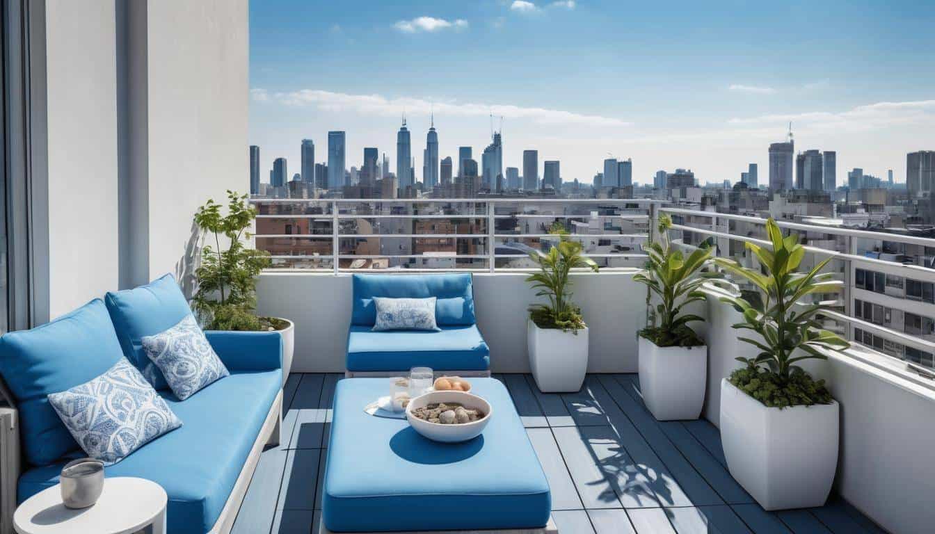 Serene blue rooftop balcony