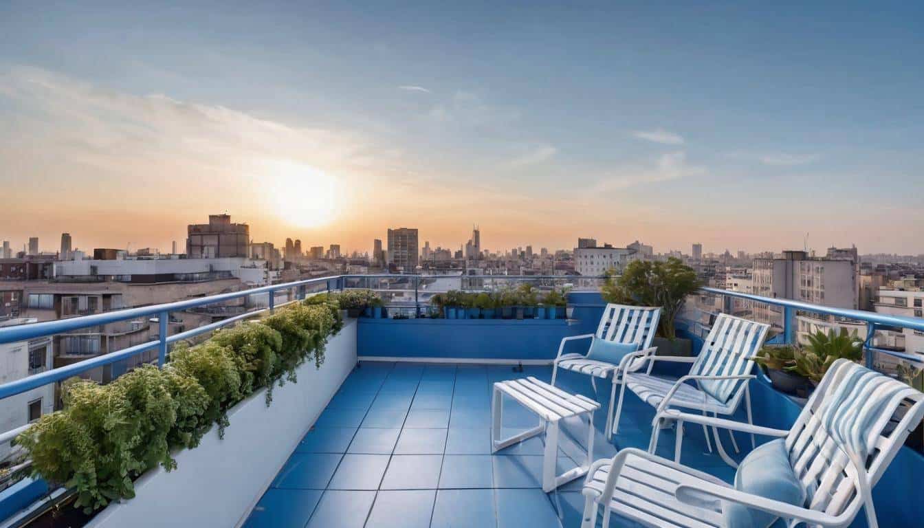 Serene blue rooftop balcony