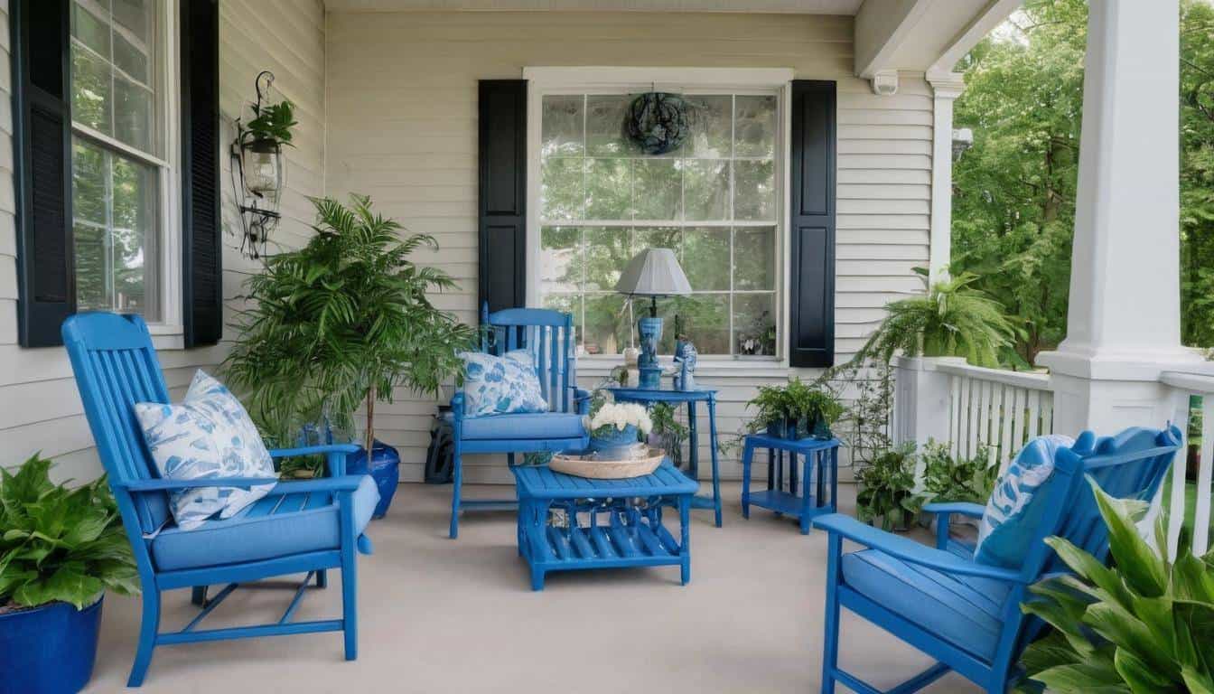 Serene front porch with blue furniture