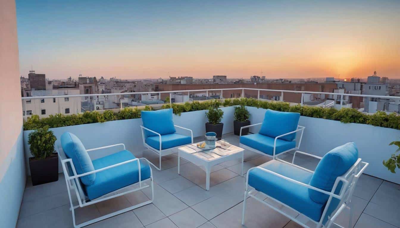 Serene rooftop balcony in blue hues