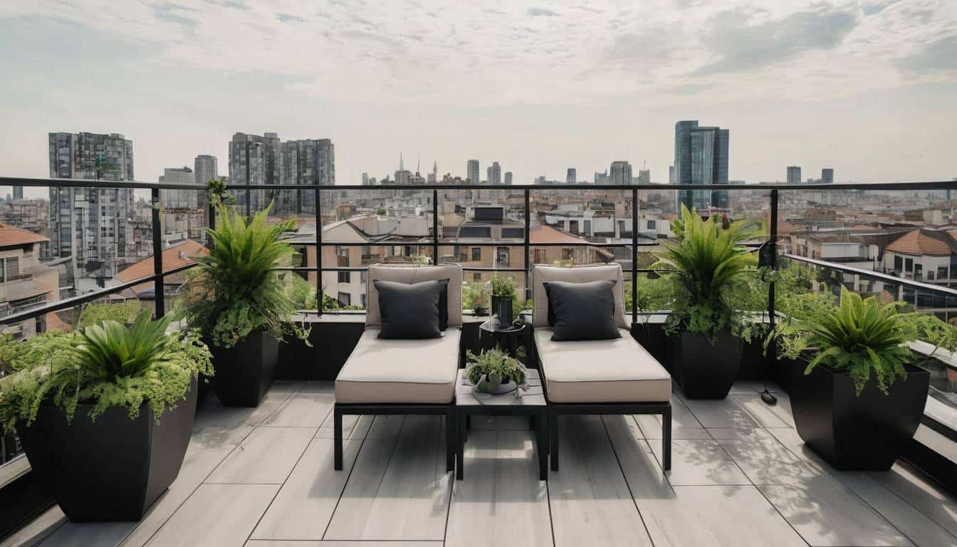 Stylish black rooftop balcony