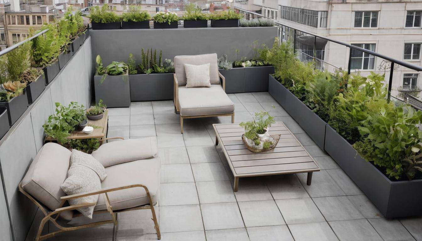 Stylish grey rooftop balcony