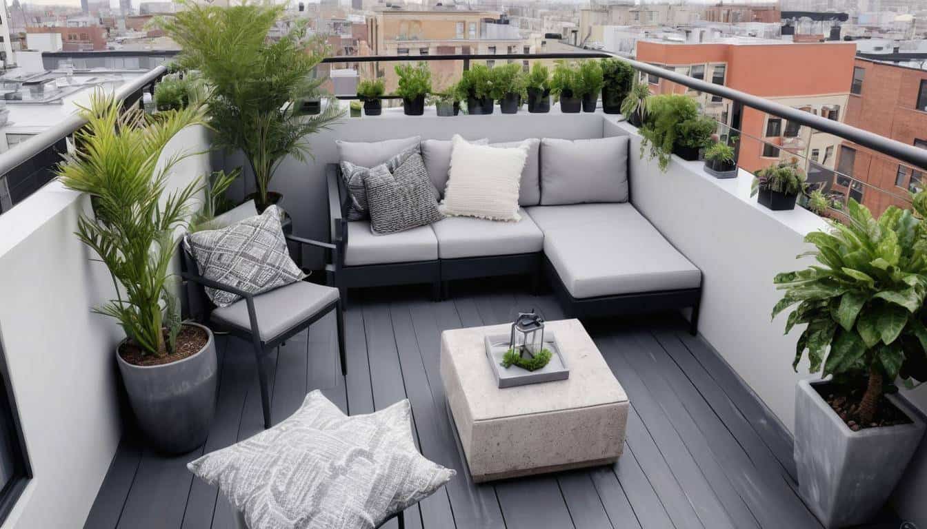 Stylish grey rooftop balcony