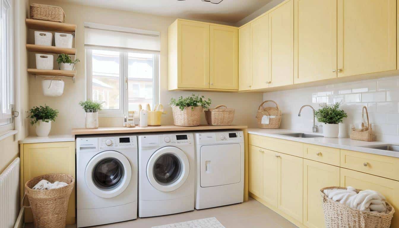 Stylish pale yellow laundry room