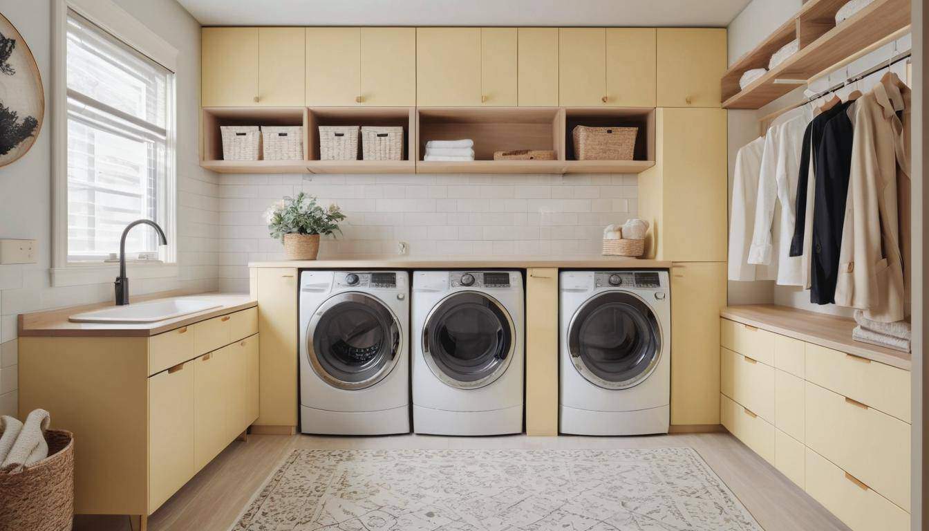 Stylish pale yellow laundry room