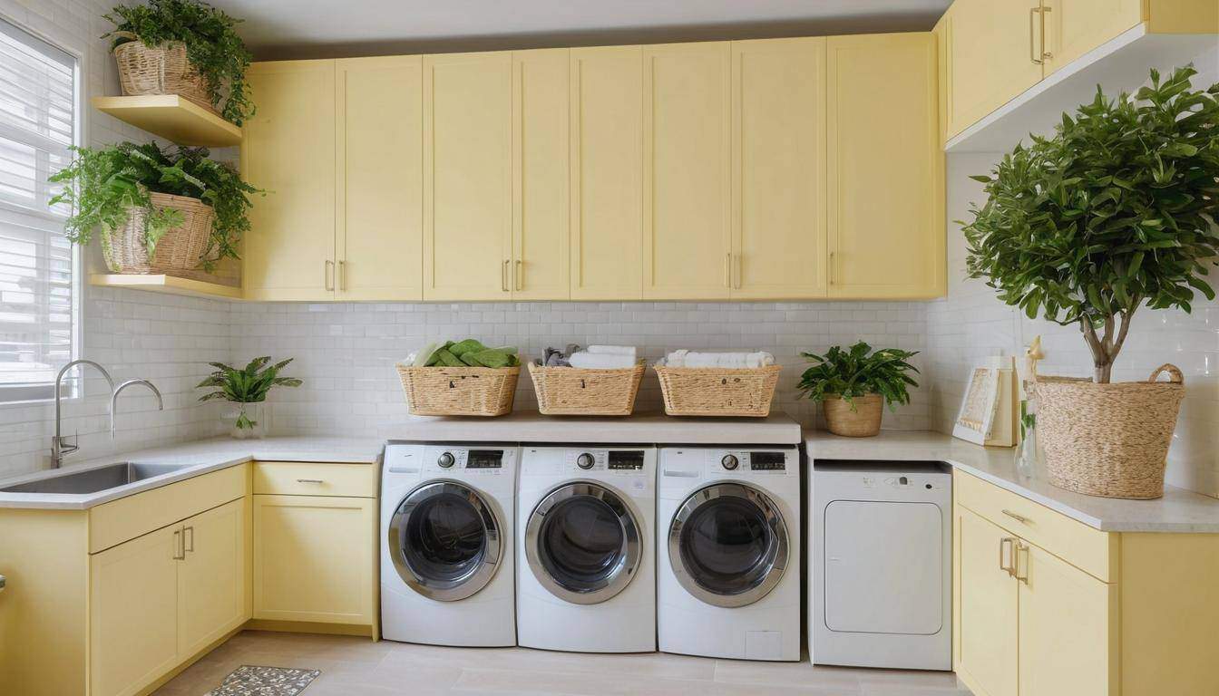 Stylish pale yellow laundry room