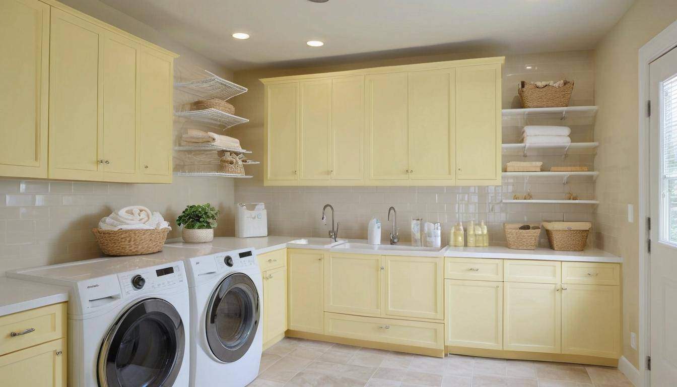 Stylish pale yellow laundry room