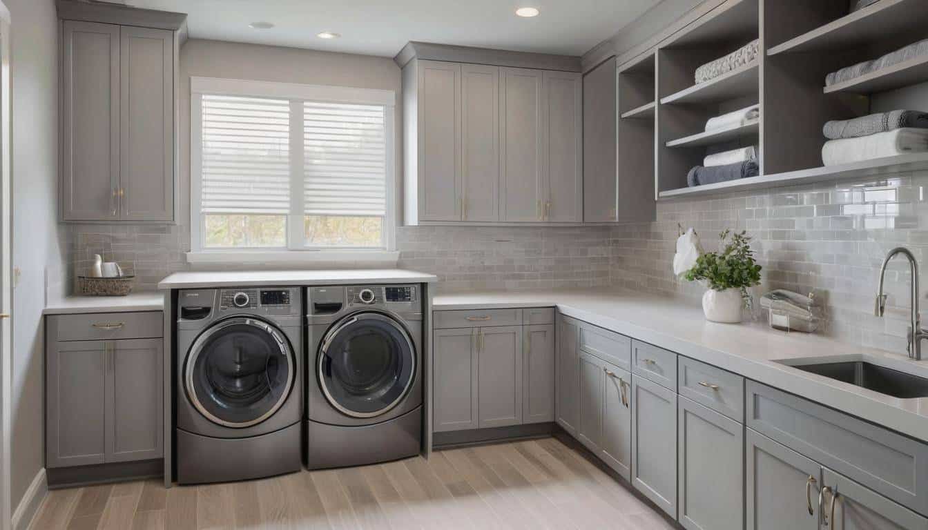 Stylish soft gray laundry room