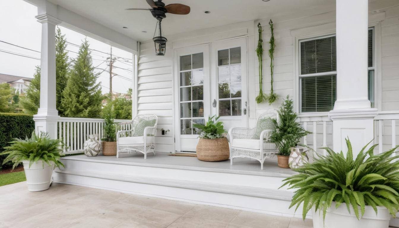 Stylish white front porch design