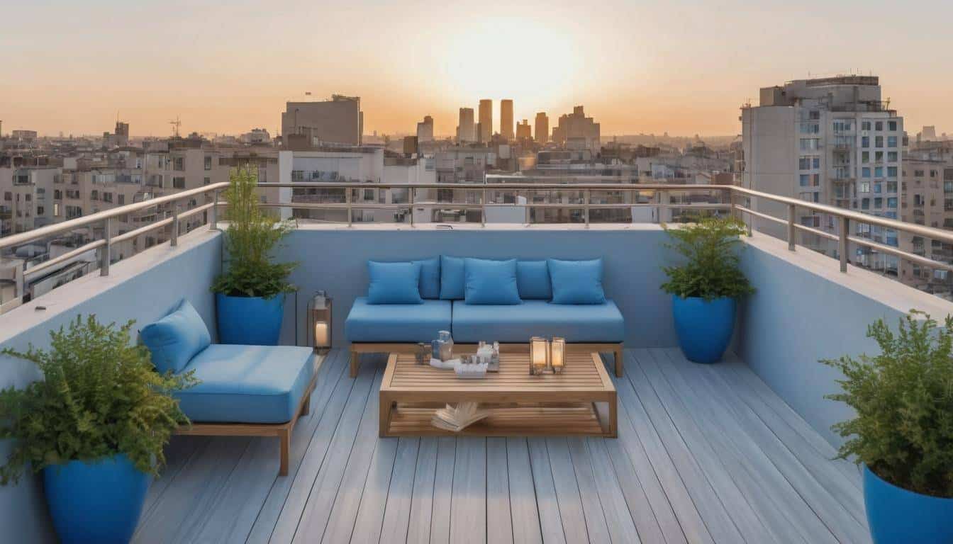 Tranquil blue rooftop balcony