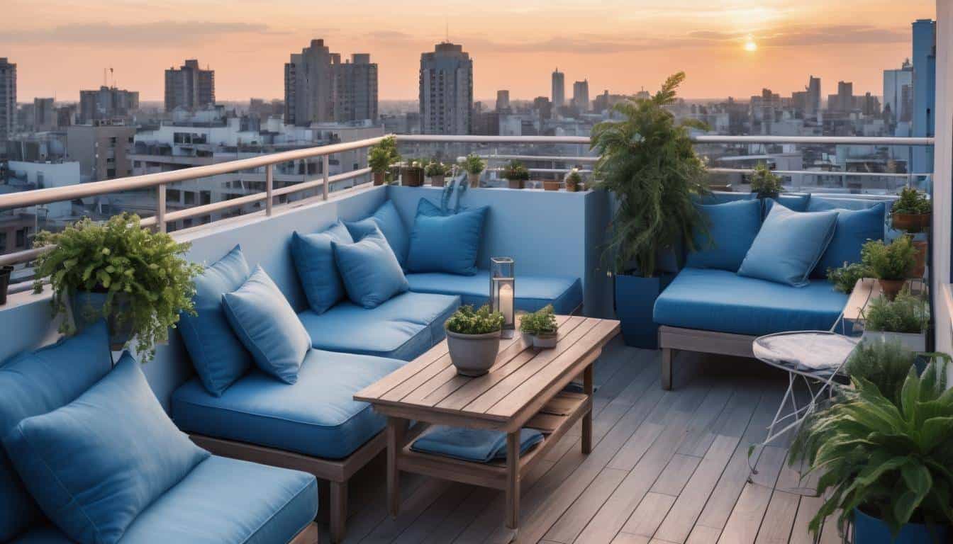 Tranquil blue rooftop balcony